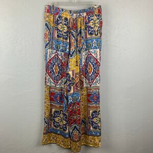 Haute Hippie Wide Leg Pants Womens Small Beige Blue Red Boho Print Pull On